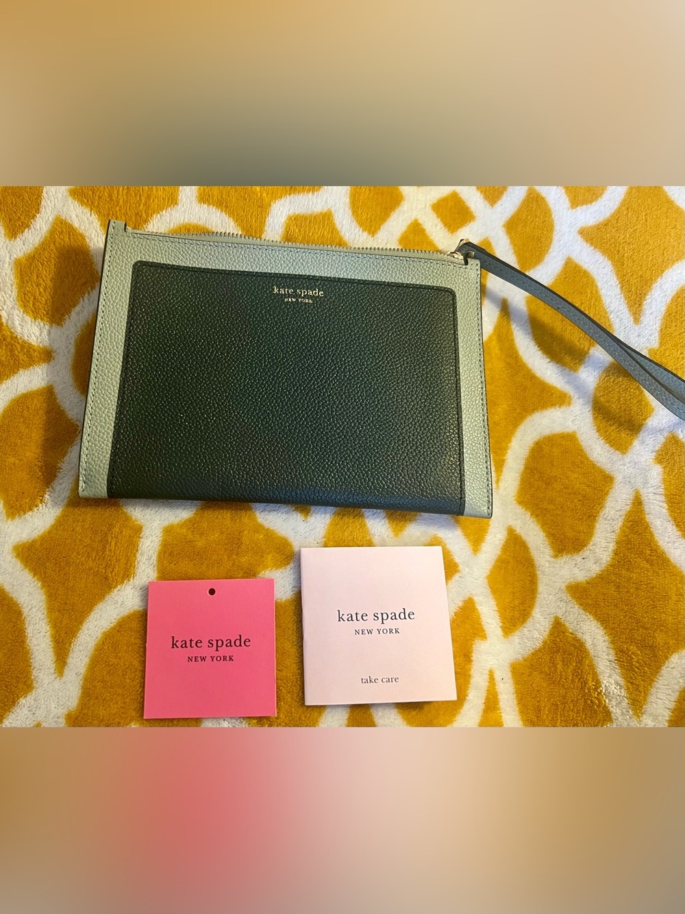 kate spade Two-Tone Pebbled Leather Wristlet in Dark Green & Light Sage